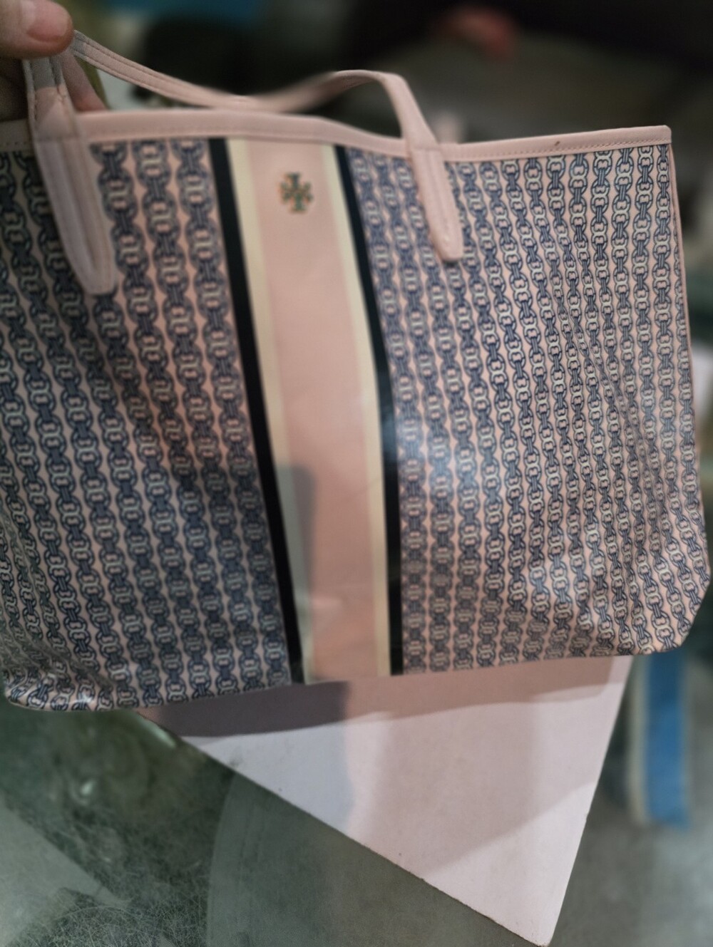 Tory Burch Pink and Navy Logo-Print  Tote